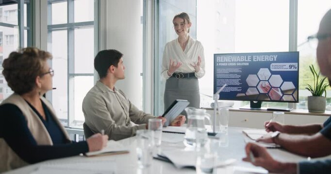 Woman, screen and presentation in office for business people on renewable energy, global impact and sustainability. Meeting, conversation and proposal for investment, public relations and advocacy.