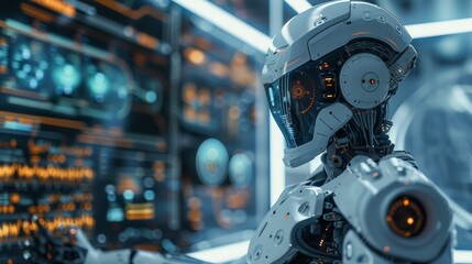 Fototapeta premium Robotic engineer controlling an advanced robot with a complex interface, futuristic lab, cutting-edge technology, detailed apparatus