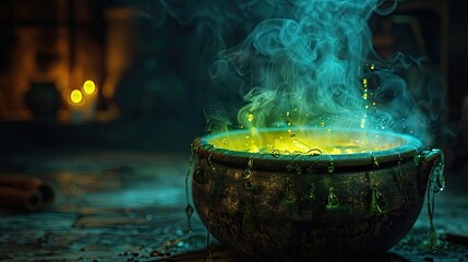 A mystical, bubbling cauldron emitting vibrant blue-green steam, set in a dimly lit room. Perfect for fantasy or Halloween-themed projects.