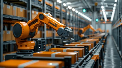 Sophisticated robotics managing the sorting and packaging of various containers, enhancing industrial efficiency