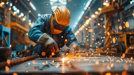 Workers in a large industrial plant fabricating steel structures, sparks from welding, dynamic lighting
