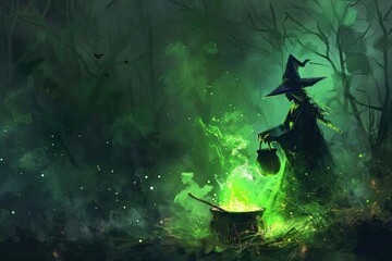 A mysterious witch in the forest brews a glowing green potion in a cauldron, surrounded by a dark, magical atmosphere.
