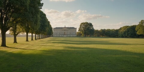 A row of trees stands in front of a large manor house on a grassy field, with the sun shining in the afternoon
