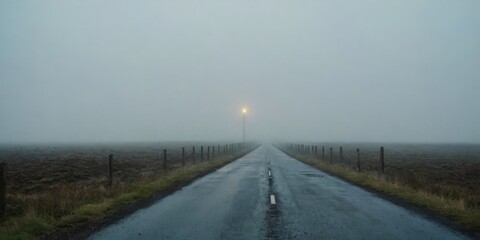 A single light pole stands on a straight, paved road that winds through a foggy field