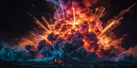 Fototapeta premium A massive explosion illuminates the night sky with bright orange and purple flames, casting long shadows on the dark ground below