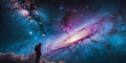 Obraz premium A lone figure stands on a cloud, looking up at the night sky. The Milky Way galaxy is a bright swirl in the sky, surrounded by millions of stars