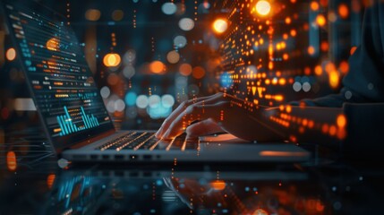 Businessman using a laptop, analyzes and calculates data