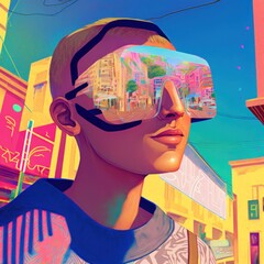 abstract illustrated portrait of a young persone with a vr headset on in a city