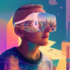 abstract illustrated portrait of a gay woman with a vr headset on in a city
