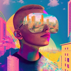 abstract illustrated portrait of a young persone with a vr headset on in a city