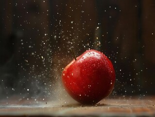 Crisp shot of a vibrant red apple falling and bouncing off the ground, with a blur effect to highlight the speed and impact