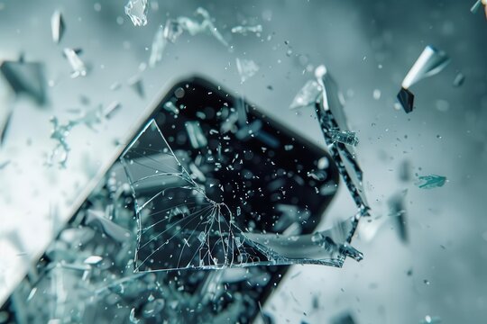 Closeup of a smartphone falling and cracking as it hits the ground, with pieces and screen fragments suspended, illustrating the fragility and impact