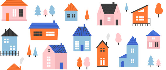 Fototapeta premium Small cute house seamless pattern. Cute cartoon village town repeated texture. Doodle cozy tiny little cottages background. Repeating suburban town houses and trees wallpaper. Vector illustration