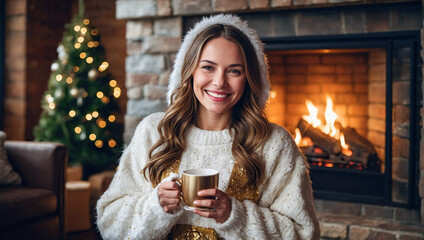 A stunning woman with a contagious smile dressed in a sparkling white Christmas outfit, sitting by a cozy fireplace, enjoying a hot drink.