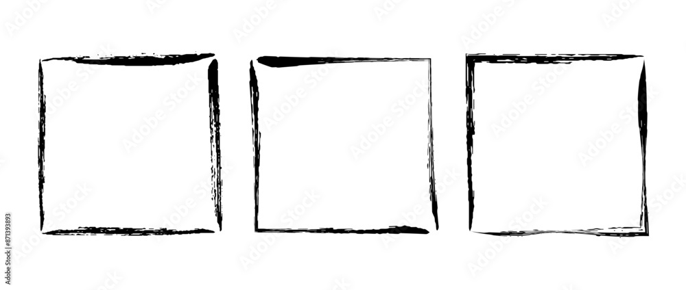 Aufkleber Grunge square frame set. Different paint brush border collection. Black chalk or ink rectangular uneven stroke elements for design, banner, poster, flyer, brochure, cover. Vector square carde