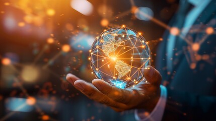 Businessman holding global network connection on social networking and customer data analytics, Business strategy and smart intelligence, digital marketing, Technology and global business.