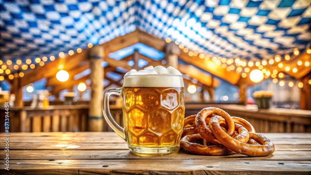 Wall mural Traditional oktoberfest celebration in beer tent with beer and pretzels, Oktoberfest, celebration, beer tent, traditional, beer