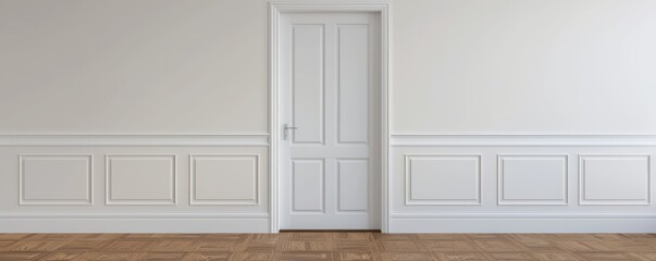 White door in classic interior with wainscoting and wooden floor