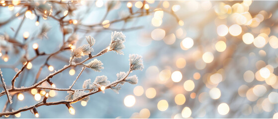 Fototapeta premium Close-up of frost-covered branches with soft bokeh lights in the background, creating a dreamy winter atmosphere.