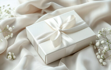 Elegant white gift box with satin ribbon on soft fabric background, perfect for celebrations, weddings, and special occasions.