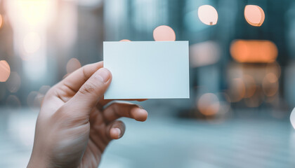 Hand holding a blank business card with a blurred urban background, ideal for branding, marketing, and identity presentations.