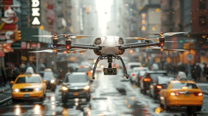 Drone flying above a busy urban street.
