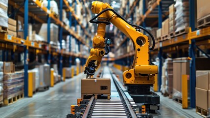 Robotic arm working in a modern warehouse.