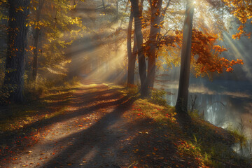 Obraz premium A picturesque autumn forest with sunlight filtering through trees and long shadows.