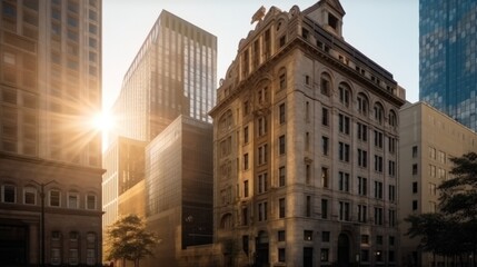 Fototapeta premium Historic stone building amidst modern high-rises