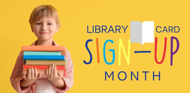 Cute little boy with stack of books on yellow background. Banner for Library Card Sign-up Month