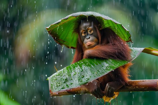 An orangutan is holding an umbrella in the rain.