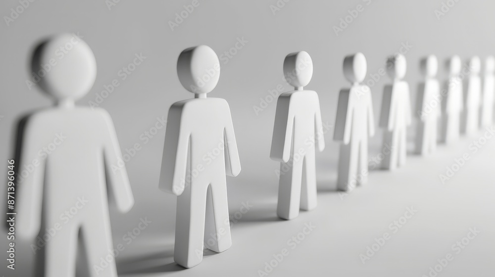 Poster abstract concept of unity and teamwork represented by a row of white 3d figures standing in line on 