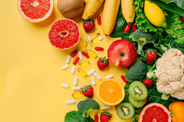 Assorted fruits and vegetables with pills on a yellow background, symbolizing health and nutrition
