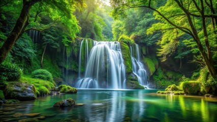 A serene waterfall in a lush green forest setting, waterfall, forest, nature, scenic, tranquil, serene, beauty, outdoors