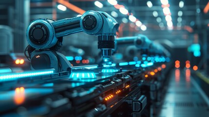 High-efficiency assembly line, advanced robots constructing electronics, sleek factory environment, neon blue highlights, precision and speed