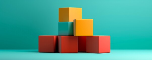 Obraz premium Colorful geometric blocks stacked in a pyramid formation on a teal background, showcasing simplicity and modern design.