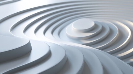 Abstract white circular patterns in a minimalist 3D design, creating a modern and clean visual aesthetic with soft lighting and shadows.