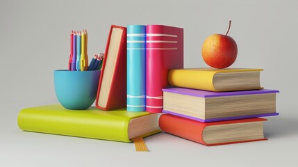Vibrant stack of books, colorful pencils in a holder, and a fresh apple on a light background, symbolizing education and learning.