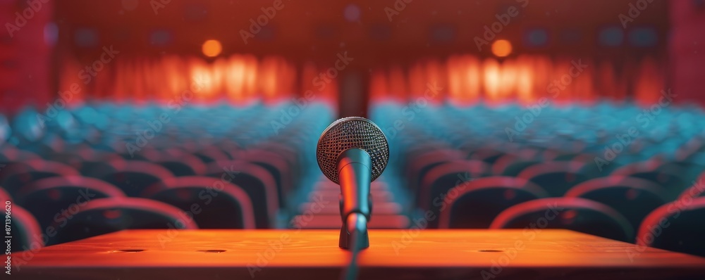 Poster microphone on a stage facing an empty auditorium with blue and red lighting, ready for a performance