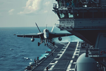Military aircraft carrier ship with fighter jets during a special operation
