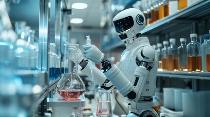 High-tech robotic apparatus in a laboratory setting, performing complex chemical experiments, precise and detailed, futuristic technology