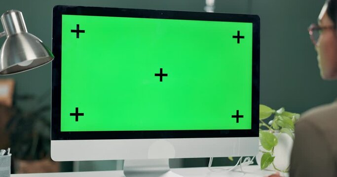Green screen, computer and woman on desk, back and communication for schedule, project and mockup. Employee, online and internet with connection, digital and person in business and tracking marker