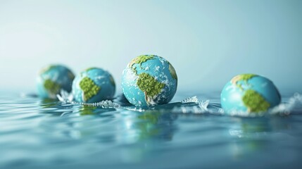 Multiple small Earth globes floating on water, representing global warming, environmental conservation, and climate change concerns.