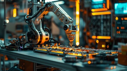 High-tech robotic arm at work, assembling intricate parts with precision, background filled with advanced machinery and glowing control panels