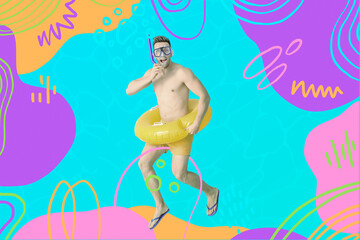 Jumping young man with inflatable ring, snorkeling mask and tube on color background