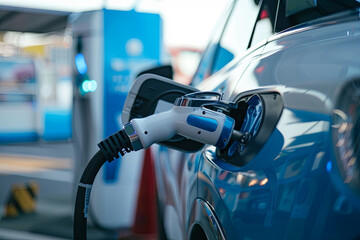 Fuel cell car connected to a hydrogen fueling nozzle at an H2 filling station