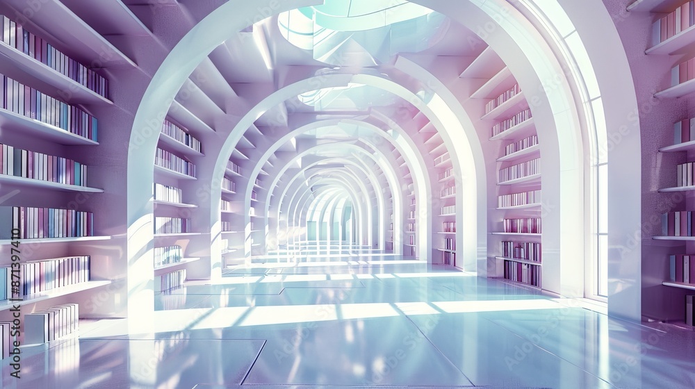 Poster futuristic library with arched bookshelves and natural light streaming through skylights, creating a