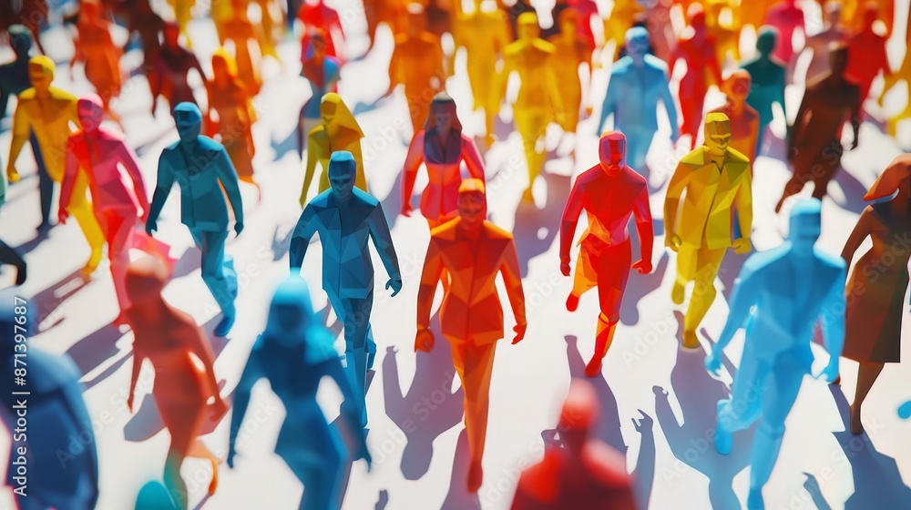 Poster colorful figurines representing a diverse crowd, creating a vibrant, dynamic scene with varied hues 