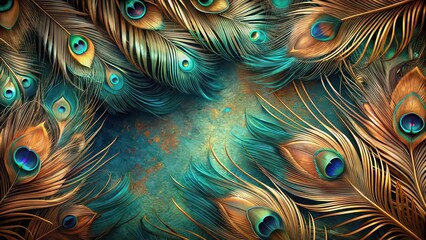 Luxurious background with peacock feathers in modern colors. Abstract background in turquoise, brown and blue