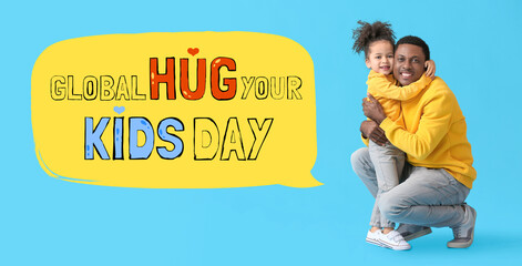 Portrait of happy African-American father and his little daughter on color background